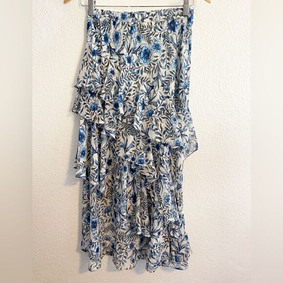 Revolve MISA Los Angeles Carmen Floral Asymmetric Ruffle Skirt Indigo Bloom XS - Picture 3 of 7
